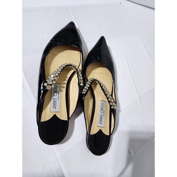 Authentic Jimmy Choo Patent Leather Flat Mules With Crystal Strap Black Size 39 - Picture 8 of 15
